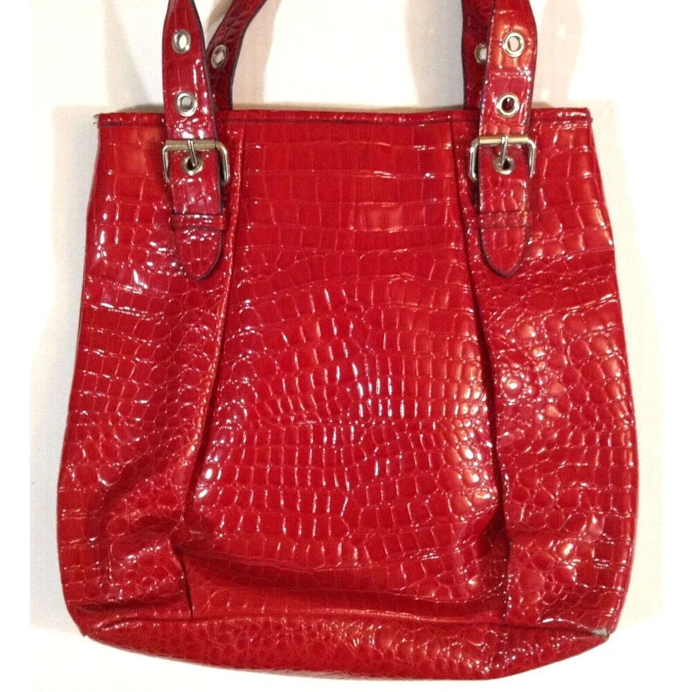 Bueno Tote Bucket Purse Large Red Glazed Bag Faux Croc Leather Travel Dbl Handle